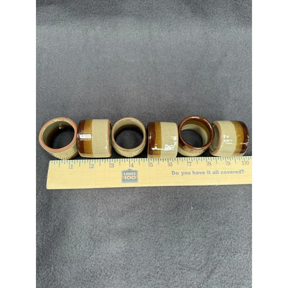 Stoneware Ceramic Striped Napkin Rings Set Of 6 Brown Rustic Table Decor
